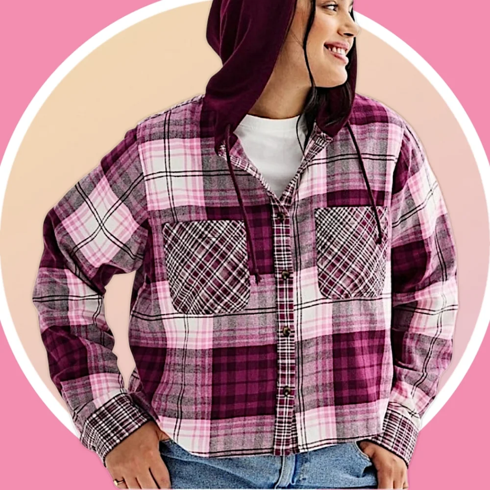 NWT 2XL Cropped Plaid Button Up Hoodie w 2 Pockets & High Low Hemline - Picture 9 of 16